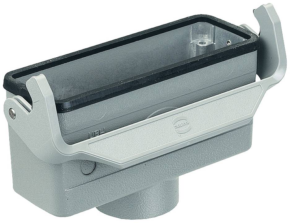 Metal casing with a rectangular opening, two side levers, and a company logo on the front.