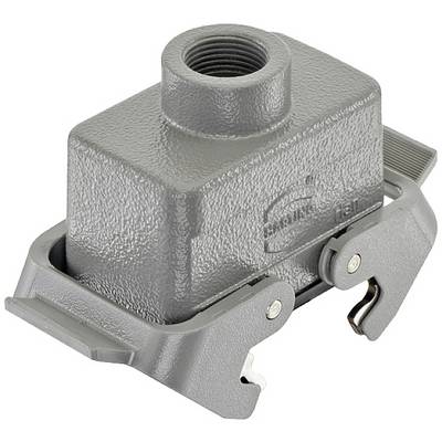 A grey rectangular metal electrical junction box with mounting brackets, identifiable by the inscription on its side.