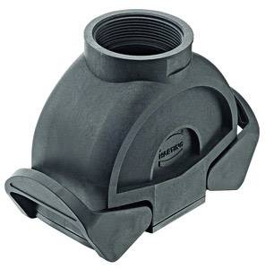 A black plastic pipe connector with side clips for attachment. Suitable for specialised technical applications.