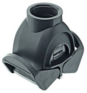 A black plastic enclosure with a threaded screw mechanism and side handles, likely part of a technical or industrial device.