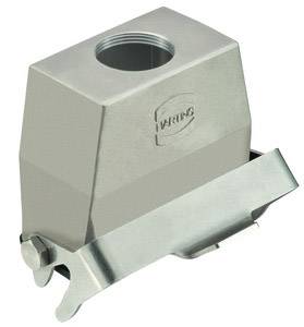 Industrial metal enclosure with hinged lid and threaded opening on top, suitable for electrical connectors.
