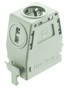 Housing of a rectangular connector, grey, with 'Han Snap' inscription, showing round and rectangular cut-outs, robust construction.