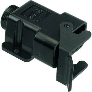 A black electric connector housing with mounting holes and a hinged cover.
