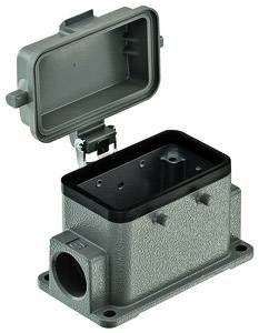 A grey rectangular metal enclosure with an open lid, designed for housing electronic or electrical components.