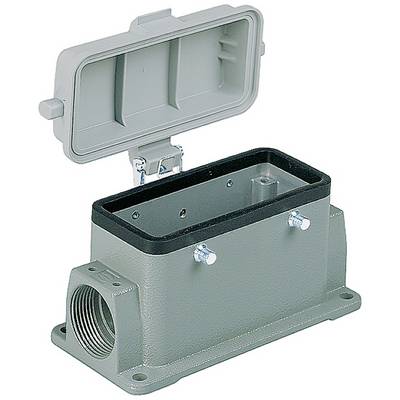 Open grey rectangular metal enclosure with hinged lid, suitable for housing electrical connectors.