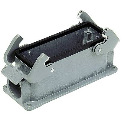 Grey, rectangular mechanical component with two side-sealing clamps. Compartment for connection, integrated into electrical systems.