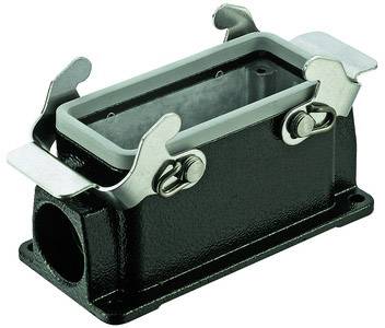 Metal enclosure for industrial connectors, rectangular shape with two side latches and cable entry opening.
