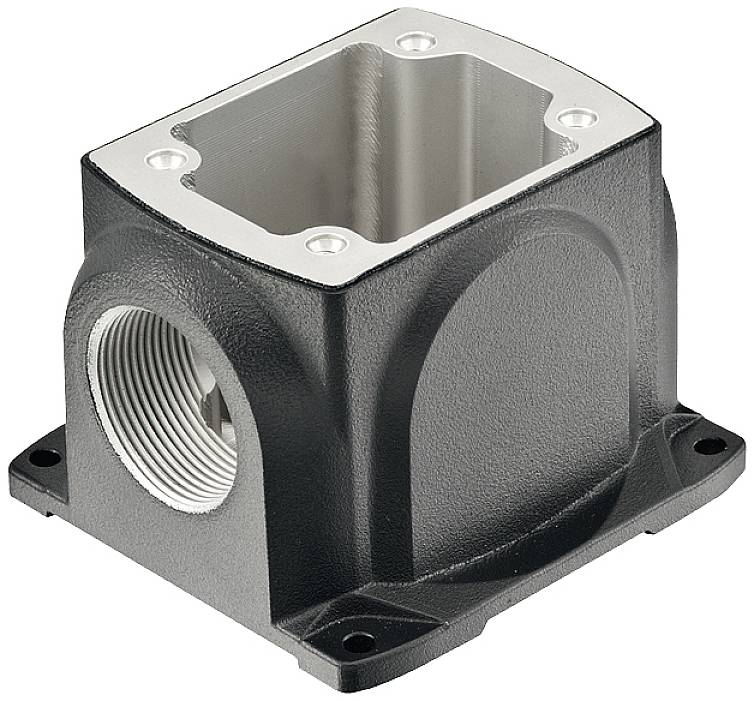 Metal enclosure with a square opening at the top and a threaded hole on the side, suitable for industrial applications.