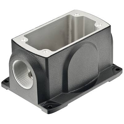 Metal enclosure with rectangular opening and side threaded connection, mountable via four screw holes at the base.