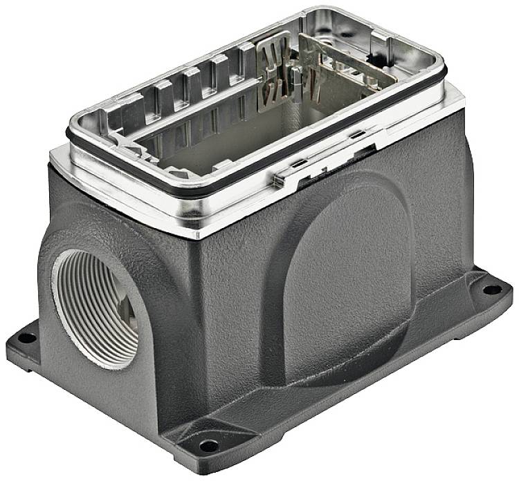 Housing for rectangular industrial connector, made of metal, with threaded bore and screw mounting points, open at the top.
