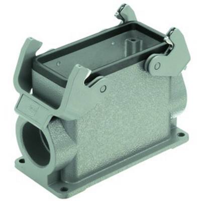 Metal enclosure with a rectangular shape and hinged locks on both sides. Suitable for industrial connectors.
