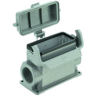 Metallic rectangular enclosure with an opened, connected cover cap.