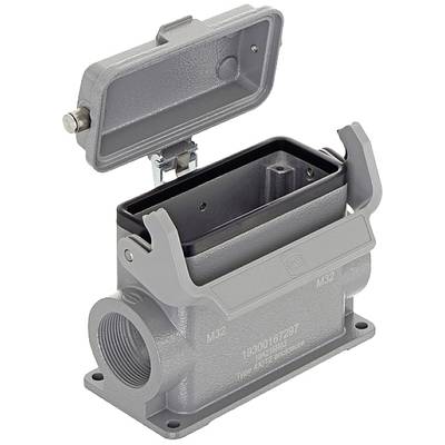 A rectangular, grey metal enclosure with an open lid, side threaded connection, and labels 'M32' and '19300167297'.