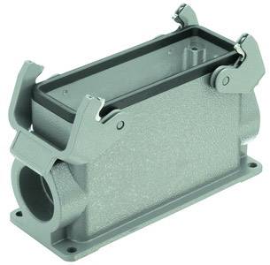 Grey rectangular component with side metal fastenings, likely part of an industrial connector or housing.