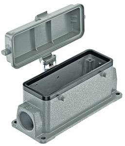 Metal enclosure with an open lid, showing a rectangular interior space. Used for electronic or electrical connections.