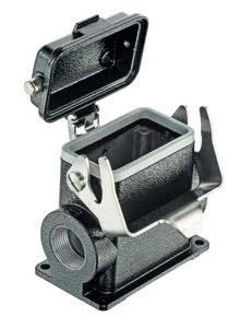 Housing of an industrial connector with an open lid and side locks, suitable for electrical installations.