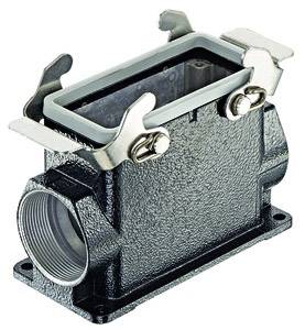 Rectangular metal enclosure with side threaded connection and two toggle latches on top.