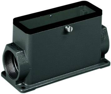 A rectangular, black metal electronic enclosure with two threaded openings on the sides and a small screw fastener on top.