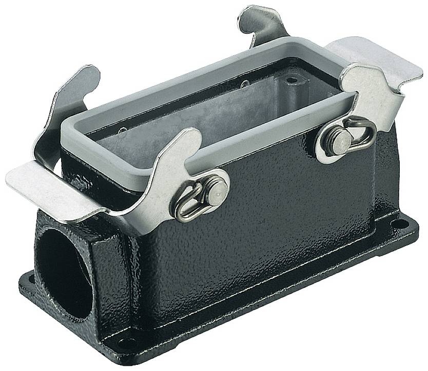 A black, rectangular metal enclosure with silver clips and an opening on the side, typical of industrial connectors.