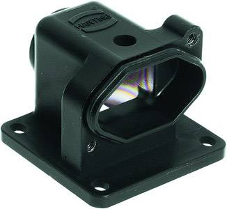 A black plastic angle bracket with a rectangular opening and four mounting holes. The top surface contains an embossed inscription.