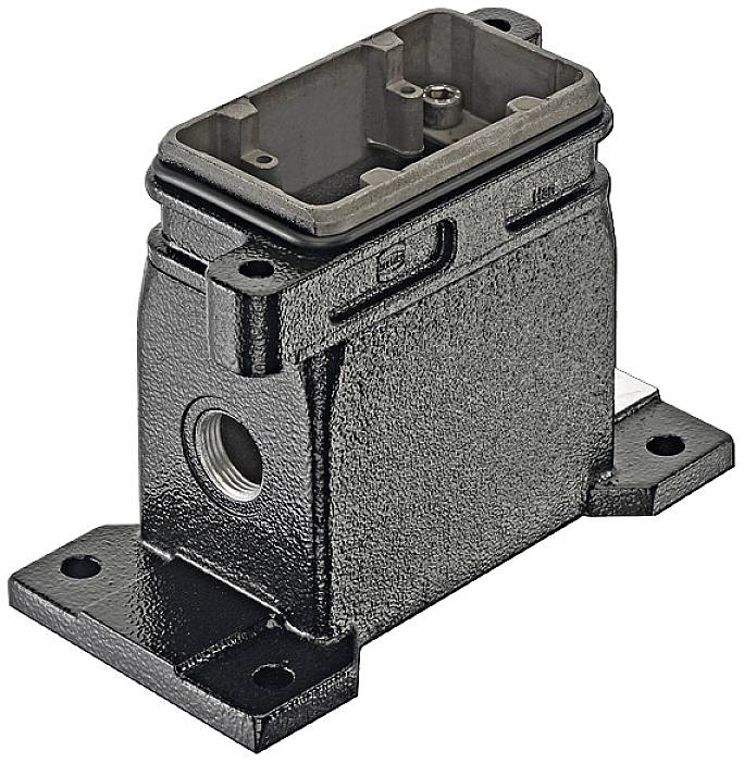A rectangular, black metal enclosure with multiple mounting holes and a rectangular insertion opening on the top.