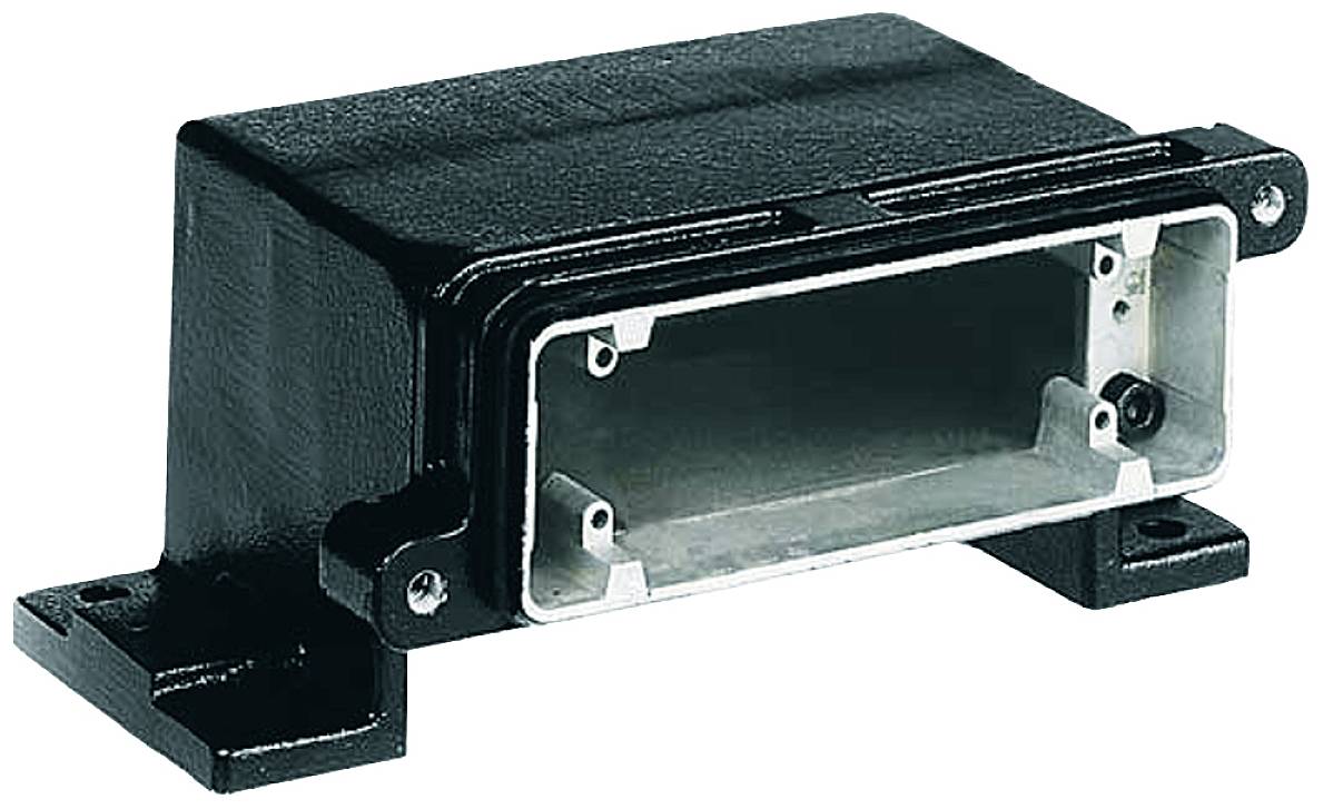 Black rectangular enclosure with an open interior, suitable for electrical engineering, set against a white background.