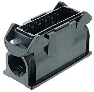 A black, rectangular plastic enclosure with open ends and side handles, potentially for technical applications.