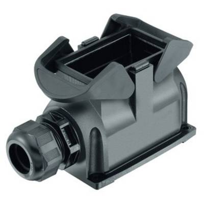 Industrial metal connector housings, rectangular shape, robust construction, with cable gland on one side.
