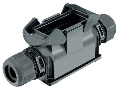 A rectangular, black plastic housing of a cable connector with two side screws for cable routing.