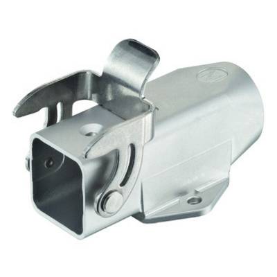 Metal connecting piece with rectangular connection and locking mechanism, likely for industrial or technical applications.