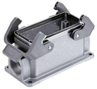 Housing of a rectangular industrial plug with two side clamps for fastening and a large cable entry on the left.