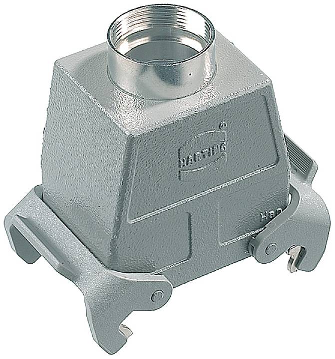 Rectangular grey industrial connector housing made of metal with side mounting clips and a circular opening at the top.