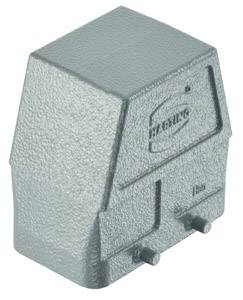 'Industrial metal connector hood with embossed logo, robust housing for secure electrical connections.'