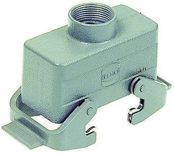 A metallic plug housing with a lever mechanism, commonly used for secure connection in electrical applications.