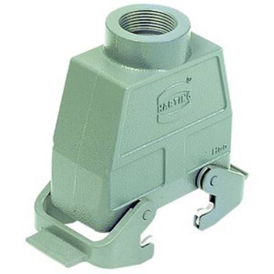 A green, rectangular enclosure for an electrical component connection with locking mechanisms on both sides.