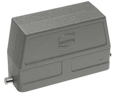 Grey industrial enclosure with rectangular shape and side bolt, with the 'Harting' logo on it.