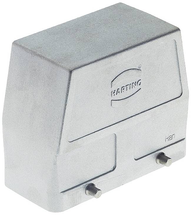 A grey HARTING housing with two metal pins at the bottom. It displays the company logo and the letters 'HEN' on the surface.