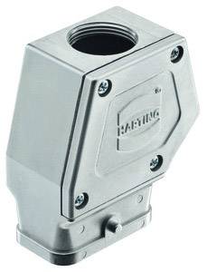 Metallic rectangular connector plug, with upper housing section visible, silver-coloured tone, brand engraved.