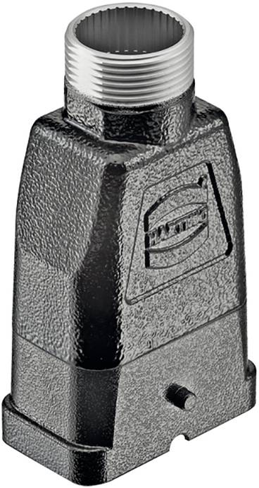 A black, structured enclosure with a threaded screw top. It features a logo on the front.