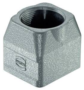 Metal square connector with threaded aperture, commonly used in electrical applications. Structured grey finish.