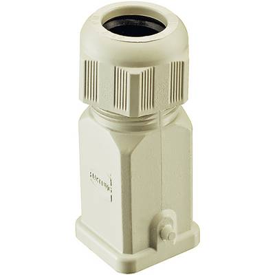 A beige plastic cable gland, cylindrical in shape with a ribbed screw connection, used for cable securing.