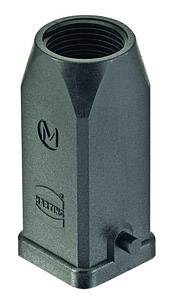 A black, hexagonal plastic connection plug with a brand logo on the side.