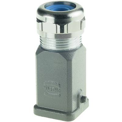 A rectangular, grey metal plug with a ribbed top surface and a blue plastic cap at the opening, marked with 'Harting'.