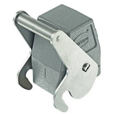 Grey, metallic lifting device with hook and handle. Used for lifting and transporting heavy loads.