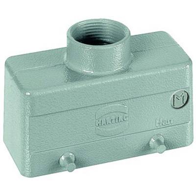 Metal enclosure with threaded opening on top, rectangular in shape, painted blue-green, marked with 'Harting' and 'Han'.