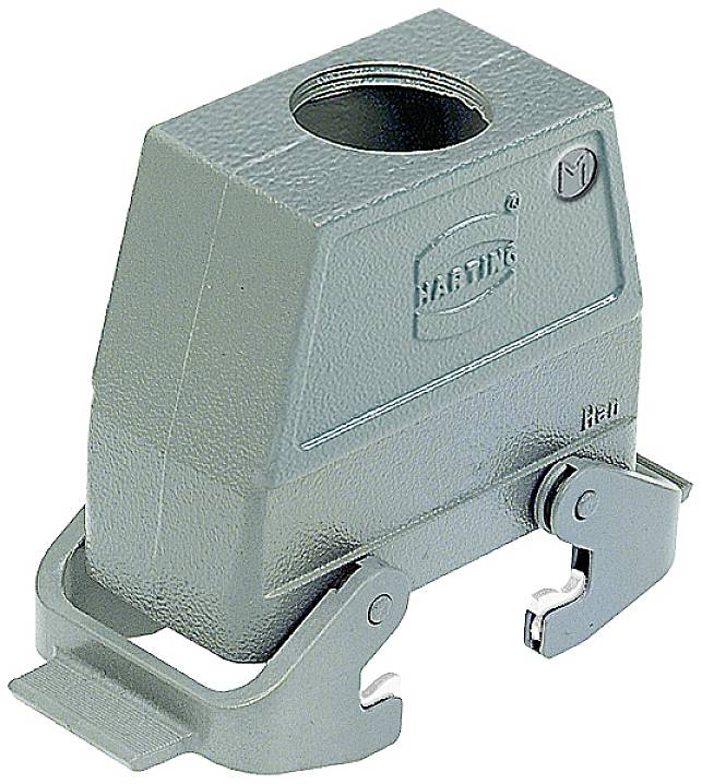 Grey industrial connector housing with HARTING logo, two levers for fixing to the base, top side with threading.