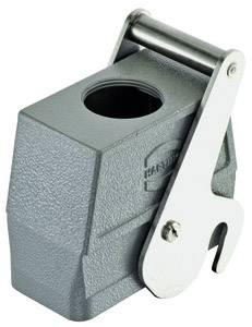 Metallic enclosure with a circular aperture at the top and a pivoting mechanism on the side, suitable for industrial applications.