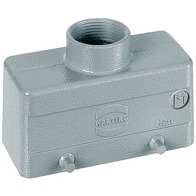 'Rectangular grey metal enclosure with connection opening at the top and side engraving "HARTING Han M".'