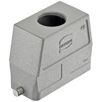 A grey, rectangular, industrial connector housing with a circular opening on top and the 'Harting' logo visible.