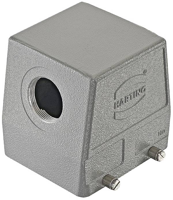 A rectangular grey enclosure with a cavity, side brand imprint, and two lower mounting pins.